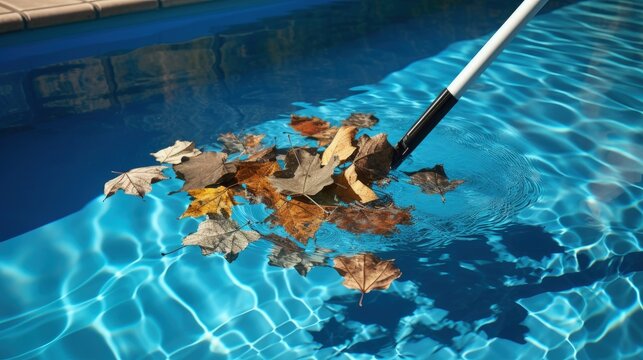 Cleaning swimming pool of fall leaves with blue skimmer before closing
