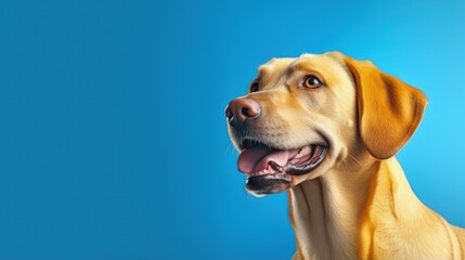 Close-up portrait of beautiful golden Labrador, purebred dog posing isolated on bright blue studio background in neon. Concept of animal, pets, vet, friendship. Copy space for ad, design