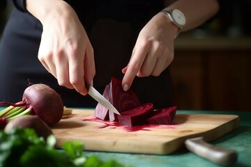 Woman cutting fresh red beet. Knife ripe slice raw cut. Generate Ai