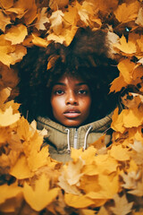 Afro-American muppet surrounded by leaves in autumn