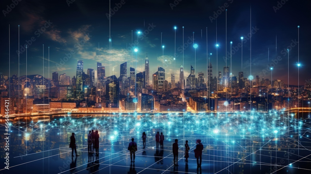 Poster 3D Big data in modern city. Abstract social information sorting visualization. Human connections or urban financial structure analysis. Complex geospatial data. Visual information complexity.