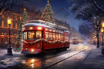 Winter city landscape with retro tram. Christmas and New Year greeting card