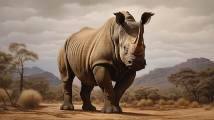 Fototapeta premium portrait of a large african rhino standing in front of a brown b