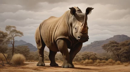 Keuken spatwand met foto portrait of a large african rhino standing in front of a brown b © HN Works