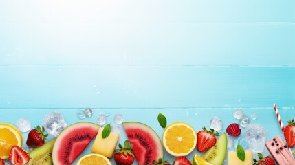 Refreshing summer food side border. Selection of grilled fruits, ice cream and ice pops. Top view...