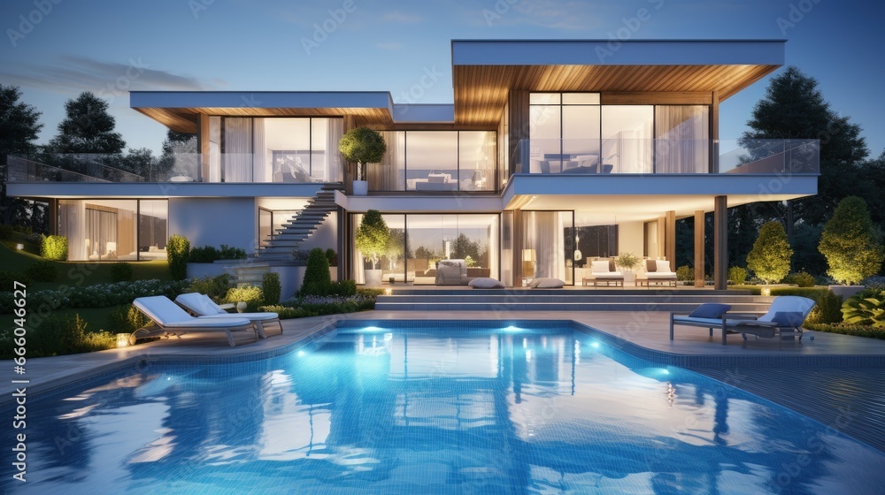 Poster 3d rendering of an upscale modern villa with pool and garden