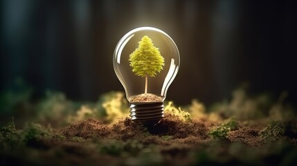 The tree growing on the soil in a light bulb. Creative ideas of nature protection or save energy and environment concept. Energy icons for growth - obrazy, fototapety, plakaty