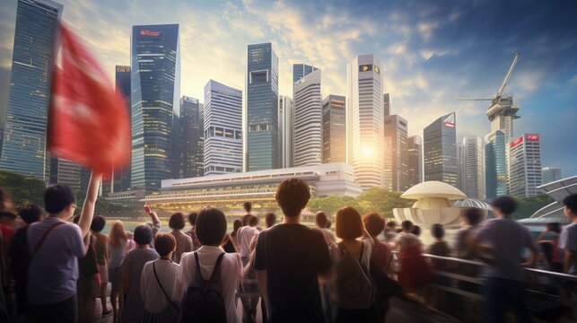 Singapore financial market stands as a focal point for stock trading, forex exchange, and digital investments. Singapore flag, growth trading charts, and coin stack. Financial investment business.