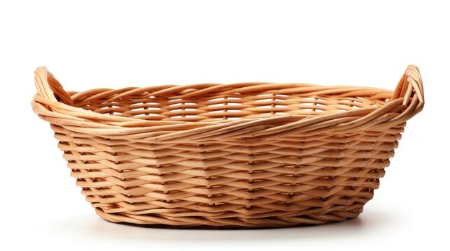 Empty wicker basket with handles isolated on white