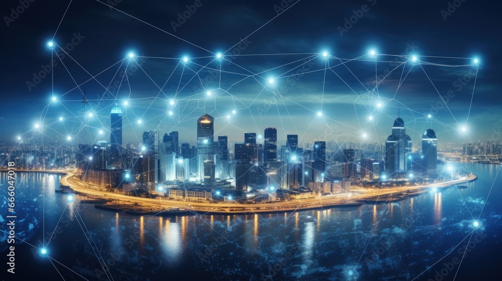 Poster line of cityscape and communication network illustration concept. telecommunication. iot (internet o