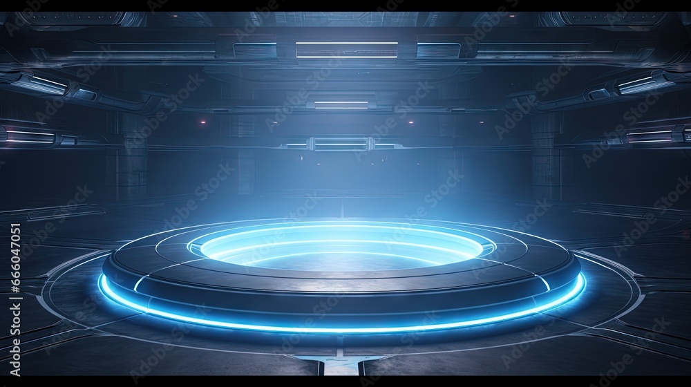 Aufkleber neon glowing circle empty stage laser beams studio lights dark sci fi futuristic retro concrete spac