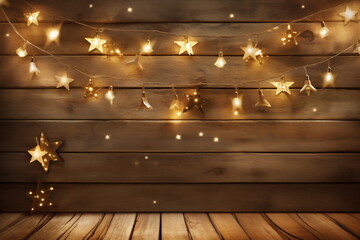 Background with golden bokeh lighting. An empty wooden background for a Christmas decoration
