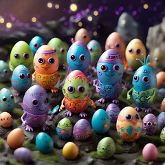 Imaginative Easter eggs meet extraterrestrial whimsy in a harmonious, cute encounter with vibrant patterns.