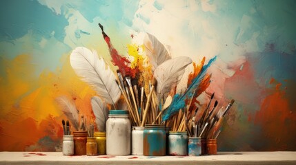 Vintage artists brushes and paint tubes on an abstract artistic background