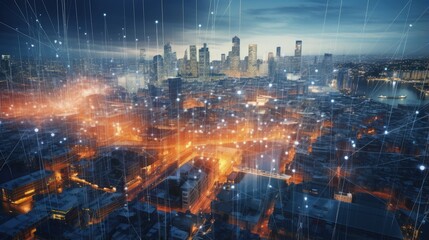 Fototapeta premium 3D Big data in modern city. Abstract social information sorting visualization. Human connections or urban financial structure analysis. Complex geospatial data. Visual information complexity.