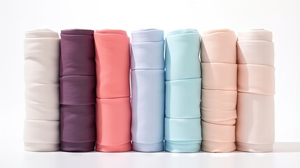 Rolls of pastel color fabric isolated on white - obrazy, fototapety, plakaty