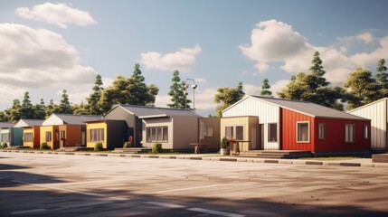 Assembly shop of modular houses with ready-made and unfinished. 3d illustration - obrazy, fototapety, plakaty