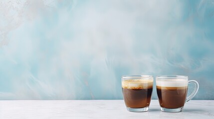 Two glass coffee cup with espresso in morning on white marble background. Aroma, ristretto. Mug of coffee. Close up. Blue wall - obrazy, fototapety, plakaty