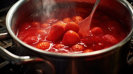 TOP VIEW, CLOSE UP: Strawberry jam in making progress boiling. Process of making homemade...