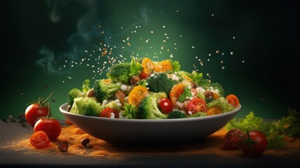 Quinoa salad with sweet potatoes,broccoli and tomatoes ingredients .Superfoods concept.Healthy eating.