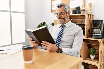 Middle age grey-haired man business worker reading book at office