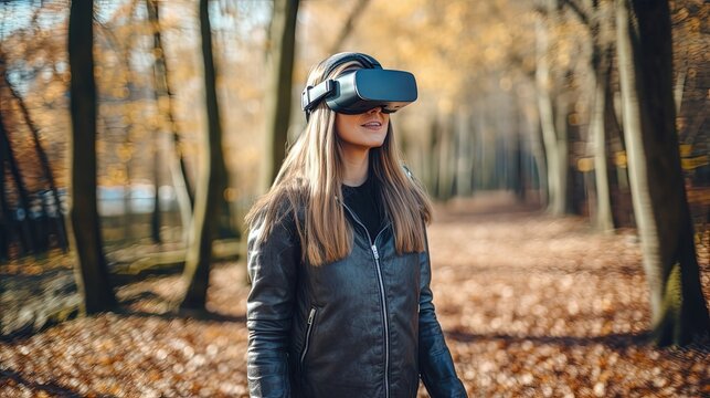 Woman walk outdoor with new vr glasses for mobile gaming on the go.Use virtual reality headset everywhere you want.New level mobile gamer gadget.Buy popular device to play cool augmented reality games