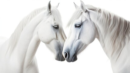 Couple of beautiful white horses isolated on white background. High key image
