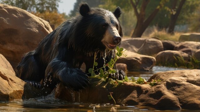 Sloth bear or Melursus ursinus feeding at the Slot Bear sanctuary near Hampi in Karnataka, India