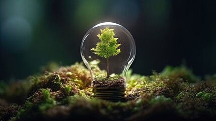 The tree growing on the soil in a light bulb. Creative ideas of nature protection or save energy and environment concept. Energy icons for growth