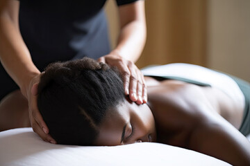 Obraz na płótnie Canvas African American woman receiving professional back massage