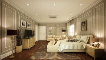 3d render illustration The homeowner's bedroom focuses on decorating the room with floating furniture. and just decorate the walls of the room, curtains.