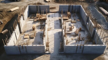 Monolithic reinforced concrete foundations or grillages for the construction of a large modern residential building. Rostverk at the construction site. Foundation for the building. View from above