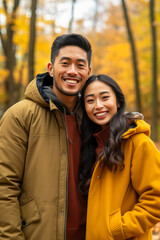 Fototapeta premium Portrait of a smiling couple in the park in autumn