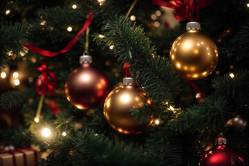 Fototapeta na wymiar Christmas trees with bulb decorations, gifts
