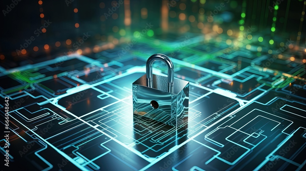 Leinwandbilder Cyber security concept. Padlock icon on digital technology background. Illustrates cyber data security or information privacy idea in mother server is processing the data. 3d rendering