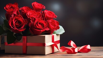 St. Valentines Day concept. Fresh red roses and gift box on wooden table