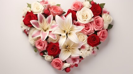 Happy St valentine`s day with fresh floral, red, white and pink roses, white chrysanthemums and royal lilies on champagne background. heart-shaped frame. Minimal flat lay.