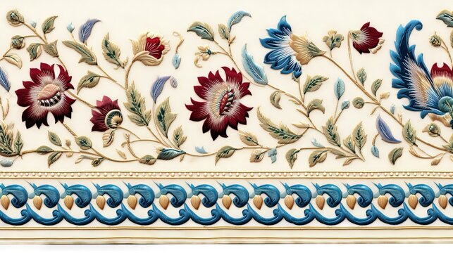 Mughal art seamless damask style embroidery stitches border pattern illustration
