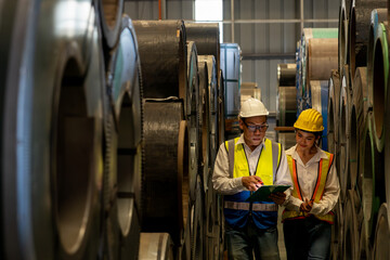 Warehouse inventory management in metalwork factory with engineer or inspector conduct storage check and quality control assessment on cylinder rolled metal for civil engineering project. Exemplifying