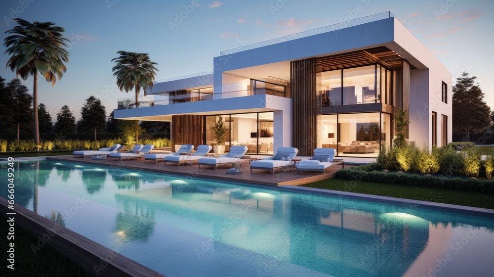 Poster 3d rendering of an upscale modern villa with pool and garden