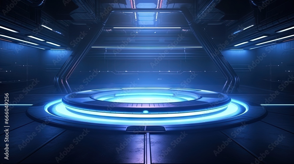 Aufkleber neon glowing circle empty stage laser beams studio lights dark sci fi futuristic retro concrete spac