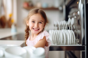 happy, smiling girl helping with household chores