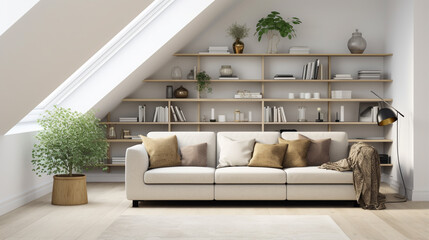 Corner sofa against shelving unit, scandinavian home interior of modern living room in Generative Ai