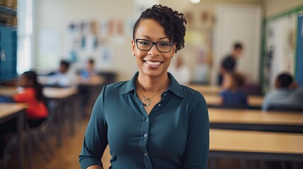 Portrait of a mid adult African American female teacher in a classroom - obrazy, fototapety, plakaty