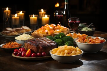 Gourmet steak with side dish and red wine