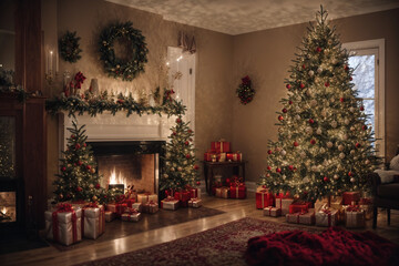 Christmas Winter Festival along trees and gifts, Christmas background concept 