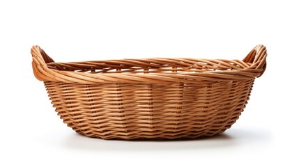Empty wicker basket with handles isolated on white - obrazy, fototapety, plakaty