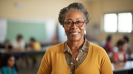Portrait of a senior African American female teacher in a classroom - obrazy, fototapety, plakaty