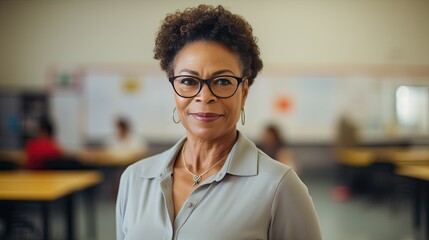 Obraz premium Portrait of a senior African American female teacher in a classroom