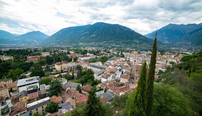 panoramic aerial view of the city of Merano - obrazy, fototapety, plakaty